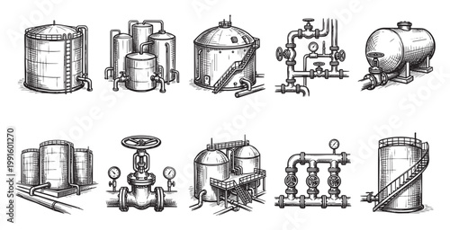 A set of hand-drawn illustrations depicts various industrial tanks and piping systems, featuring valves and gauges, in a sketch art style.