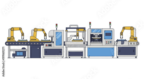 Automated Manufacturing Production Line with Robotic Arms and CNC Machines.