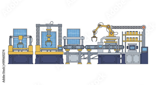 Automated Manufacturing Production Line with Robotic Arm and Conveyor Belts.
