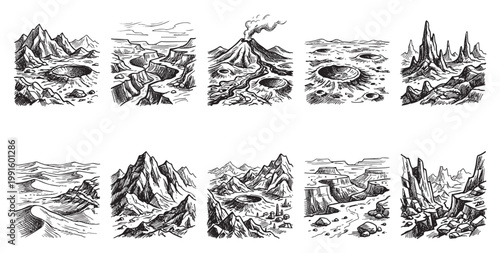 A collection of ten distinct, hand-drawn planetary landscapes in black and white ink, featuring diverse geological formations like craters, volcanoes, canyons, and mountains.