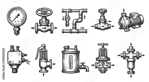 A hand-drawn schematic illustrates various plumbing system components including a pressure gauge, valve, pump, and filter, with arrows indicating flow direction.