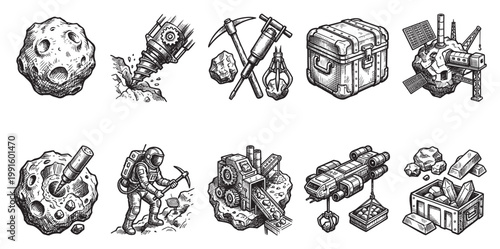 A hand-drawn collection of illustrations depicting various aspects of space mining, including asteroids, drilling equipment, astronauts, and valuable resources, suitable for conceptual projects.