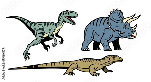 Three prehistoric reptiles including a velociraptor and triceratops.