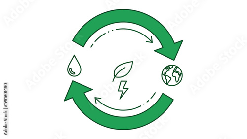 Embracing Eco-Harmony: An illustrative emblem of the circular economy, displaying interconnected symbols of water, leaf, thunder, and globe
