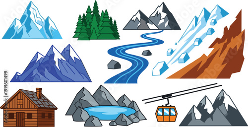 Mountain Landscape Vector Icon Set with Snowy Peaks, Pine Forest, River, Glacier, Rocky Terrain, Alpine Lake, Log Cabin, and Cable Car for Travel and Outdoor Adventure Design