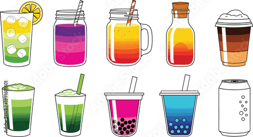 Trendy Summer Drinks Vector Icon Set with Bubble Tea, Lemonade, Smoothie, Iced Coffee, Juice Jar, Matcha, and Soda Can for Cafe Menu and Beverage Branding Design