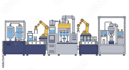 Automated production line with robotic arms and machinery.
