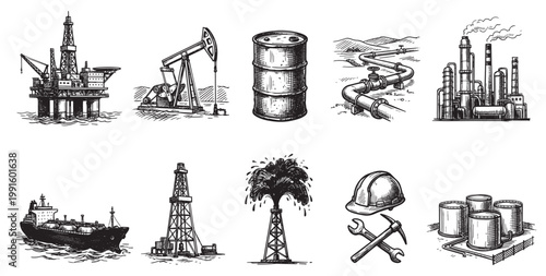 A hand-drawn sketch collection depicts various elements of the oil and gas industry, including drilling rigs, a tanker, and a refinery with smoke.