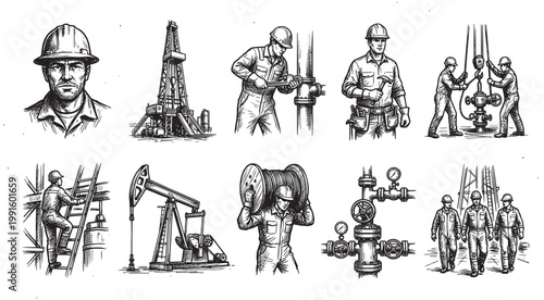 A hand-drawn ink illustration set featuring oil rig workers, drilling equipment, and industrial machinery, conveying a sense of manual labor and industry.