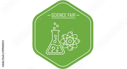 Science Fair Badge Featuring Laboratory Flask and Atom Model Icon.