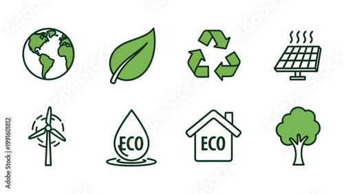 Eco-Friendly Icons: A collection of vibrant icons representing elements of sustainability, including the Earth, a leaf, recycling symbol, solar panel, wind turbine, water drop, eco house, and tree.