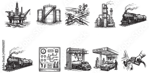 A collection of vintage ink drawings depicts various aspects of the energy industry, from oil rigs and refineries to fuel transport and distribution.