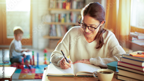 Woman writing in notebook at home, child playing in background, cozy living room setting, family lifestyle, educational and creative activities, motherhood and hobby, freelance