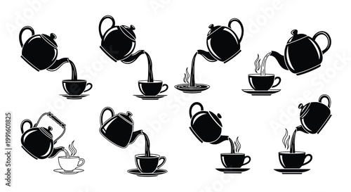A sequence of teapots pouring into cups creating a flowing design