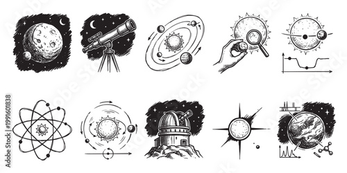 A hand-drawn black and white collection of celestial bodies, scientific instruments and space exploration concepts, ideal for educational or research-related designs.