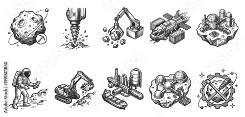 A collection of hand-drawn icons depicting space exploration, mining operations, and futuristic industrial elements with an astronaut and equipment on celestial bodies.