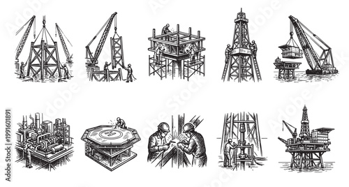 Montage of hand-drawn illustrations depicting offshore oil rig construction, including cranes, welders, and drilling equipment, with a focus on industrial and maritime work.