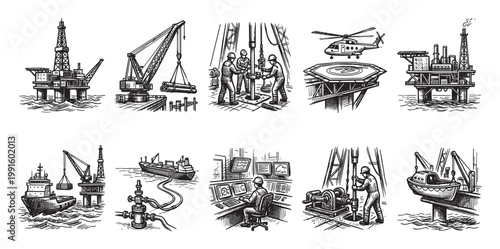 A graphic illustration depicting various scenes of offshore oil rig operations including drilling platforms cranes helicopters cargo ships control rooms and personnel engaged in work at sea.