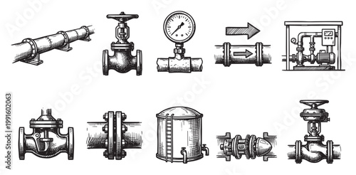 Collection of hand-drawn vector illustrations depicting various industrial pipeline components like valves, gauges, pumps, and tanks, presented in a vintage sketch style.