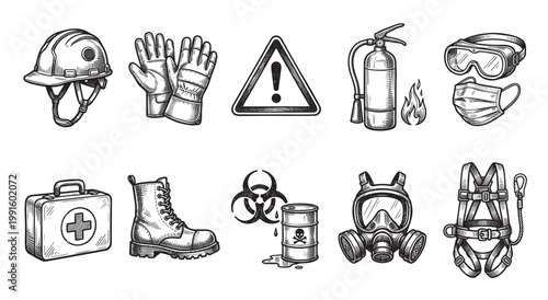 This black and white illustration showcases essential safety gear including a hard hat, gloves, fire extinguisher, mask, and hazardous materials symbols, perfect for industrial or emergency themes.