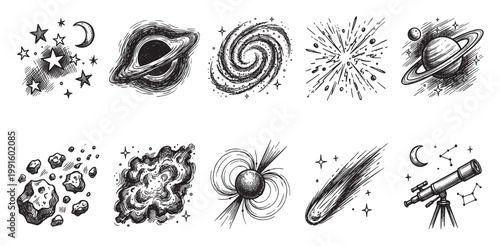 A collection of hand-drawn, black and white space illustrations including planets, stars, nebulae, comets, and a telescope, ideal for educational or thematic designs.
