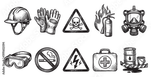 A hand-drawn collection of safety gear including a hard hat, gloves, goggles, and gas mask, alongside hazard symbols like skull and crossbones, fire, and electricity.