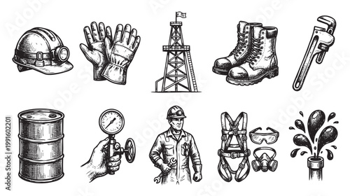 A hand-drawn illustration features various elements of the industrial and oil industries, including safety gear, tools, and a rig, rendered in a monochrome, sketch style.