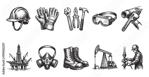 This illustration showcases various industrial safety gear and oil extraction equipment, rendered in a classic sketch style, ideal for representing concepts of labor, safety, and energy.