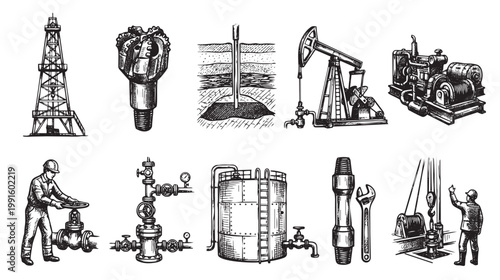 A collection of vintage-style illustrations depicting oil and gas industry equipment, including drilling rigs, pumpjacks, tanks, tools, and workers.
