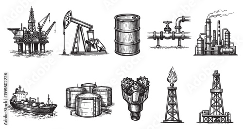 A black and white sketch collection displays various icons representing the oil and gas industry, including an oil rig, pump jack, barrels, pipes, refinery, and ship.