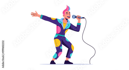 A male pop singer performing on stage with a microphone in a colorful polka dot outfit.