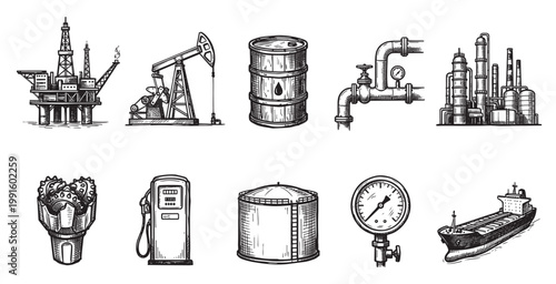 A collection of hand-drawn black and white icons depicting various elements of the oil and gas industry, including a drilling rig, pumpjack, barrel, refinery, and tanker.