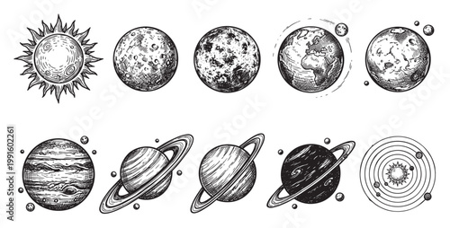 A hand-drawn sketch in black and white depicts the sun, various planets, and moons, illustrating a cosmic celestial scene with a vintage astronomical feel.