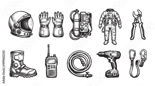 A collection of hand-drawn safety equipment and tools, including an astronaut helmet, gloves, oxygen tank, suit, boot, walkie-talkie, hose, drill, and carabiners, presented in a sketch art style.