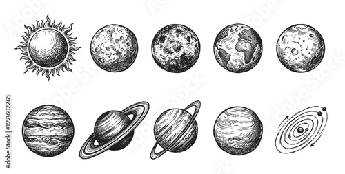 A hand-drawn black and white illustration depicts the sun and various planets from our solar system, including Earth and Saturn, with a vintage, sketch aesthetic.