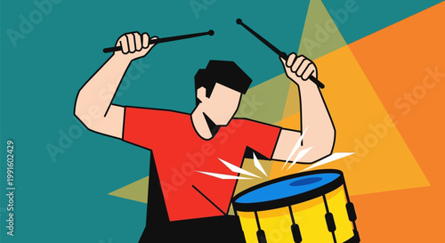 A vibrant vector illustration of a drummer playing a yellow snare drum with drumsticks.