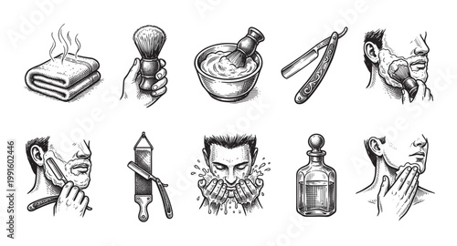 Collection of vintage hand-drawn illustrations depicting a man's grooming and shaving process, including a hot towel, brush, bowl, razors, and lotion.