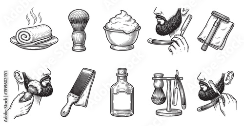 A collection of vintage line art illustrations depicting men's shaving tools including hot towels, brushes, bowls, razors, and aftershave with a close-up of a bearded man's face.