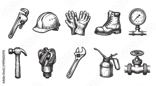 A hand-drawn collection of essential construction tools and safety equipment, including a pipe wrench, hard hat, gloves, boot, and pressure gauge.