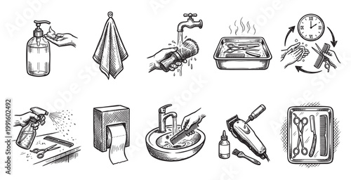 A hand-drawn illustration depicting various hygiene and cleaning steps for barber tools and hands, including soap, towels, and sterilization.