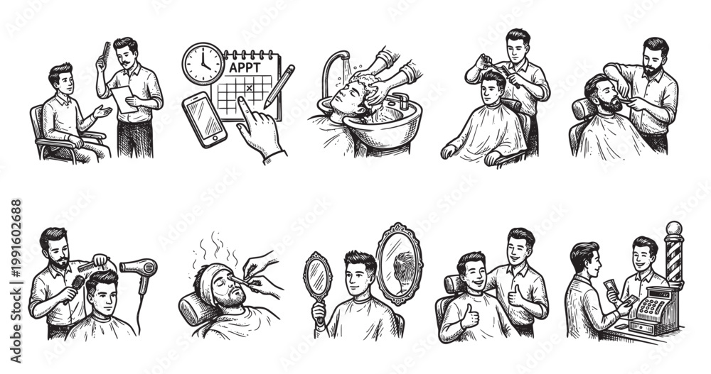 Fototapeta premium A series of charming hand-drawn illustrations depicting various barber shop services, from consultations and appointments to haircuts, shaves, and payments, conveying a vintage aesthetic.