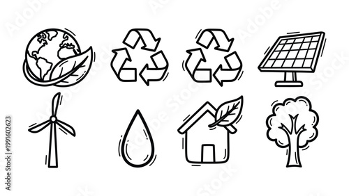 Eco-Consciousness in Lines: A collection of hand-drawn icons illustrating various environmental concepts, representing the vital elements of conservation and sustainability.
