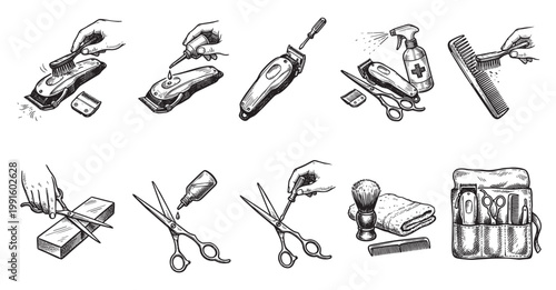 This vintage-style illustration depicts various barber tools and their maintenance, including cleaning clippers, sharpening scissors, and storing them in a tool roll.