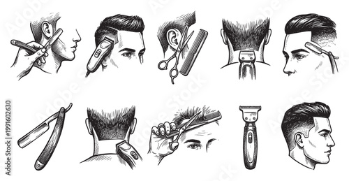 Black and white line art depicts various barber tools and haircutting scenes, showcasing classic grooming techniques and styles.
