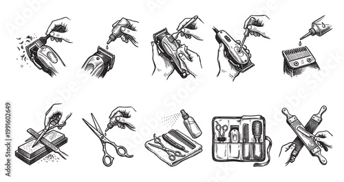 A collection of hand-drawn, black and white illustrations showing various barber tools and their maintenance, including clippers, scissors, and razors, in a vintage sketch style.