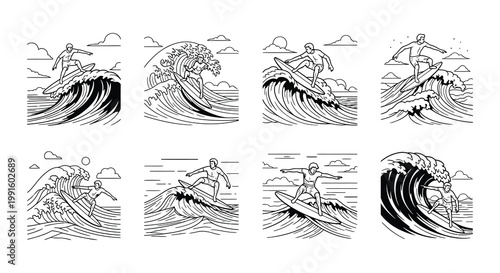 Fotografija Vintage style illustrations of surfers riding ocean waves in black and white