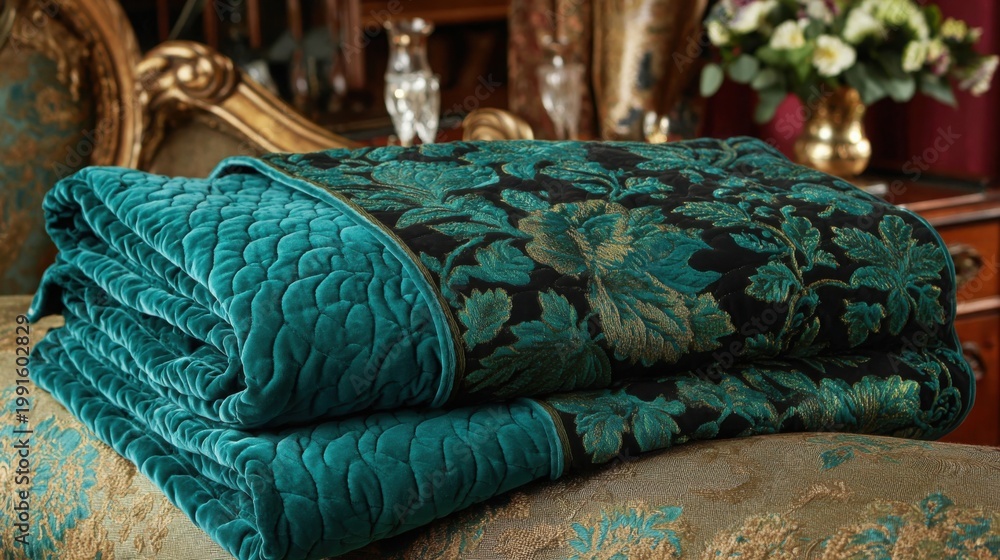 Fototapeta premium Artfully Arranged Teal Embossed Velvet Blanket with Intricate Floral Pattern