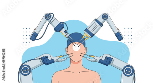 Multiple robotic arms equipped with specialized medical tools performing a high-precision neurosurgery procedure on a human brain.