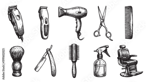 A collection of vintage barber shop tools rendered in a black and white sketch style, including clippers, hairdryer, scissors, comb, brush, razor, spray bottle, and barber chair.