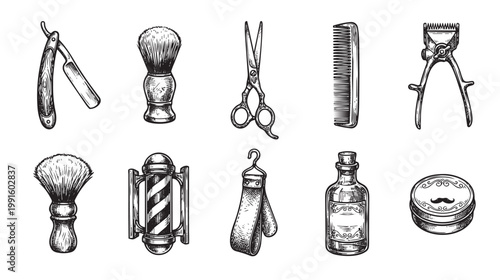 A vintage black and white illustration showcases a collection of traditional barber shop tools arranged against a white background, evoking a classic, masculine aesthetic.